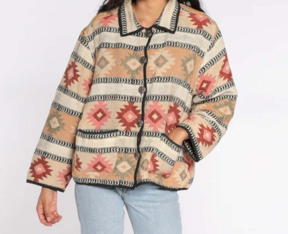 Jane Ashley Southwestern Tapestry Jacket Boho Vintage Tribal 90s Small